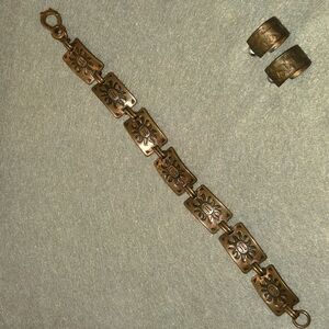Aztec Sun etched copper bracelet & Loop Earrings